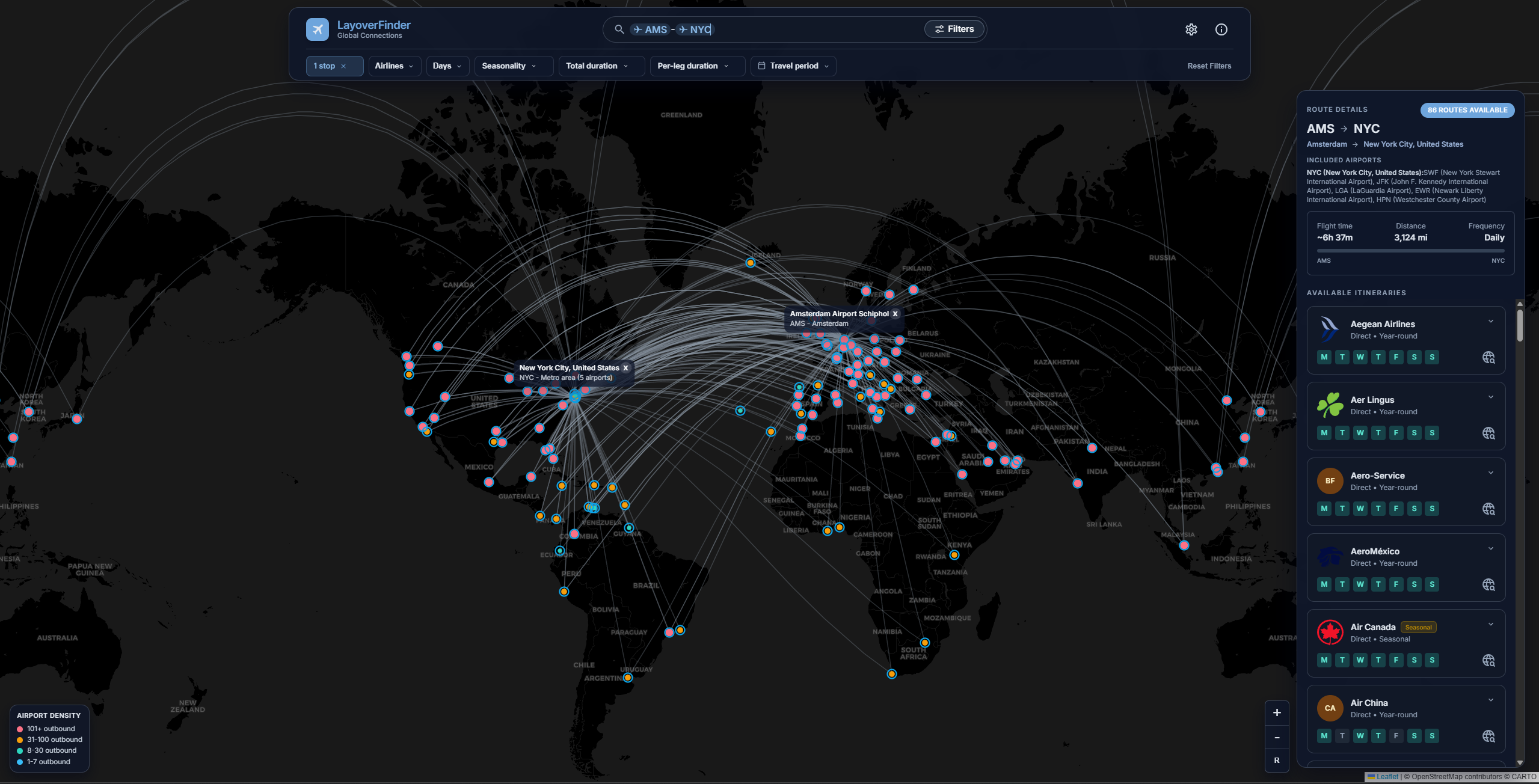 LayoverFinder route and results view